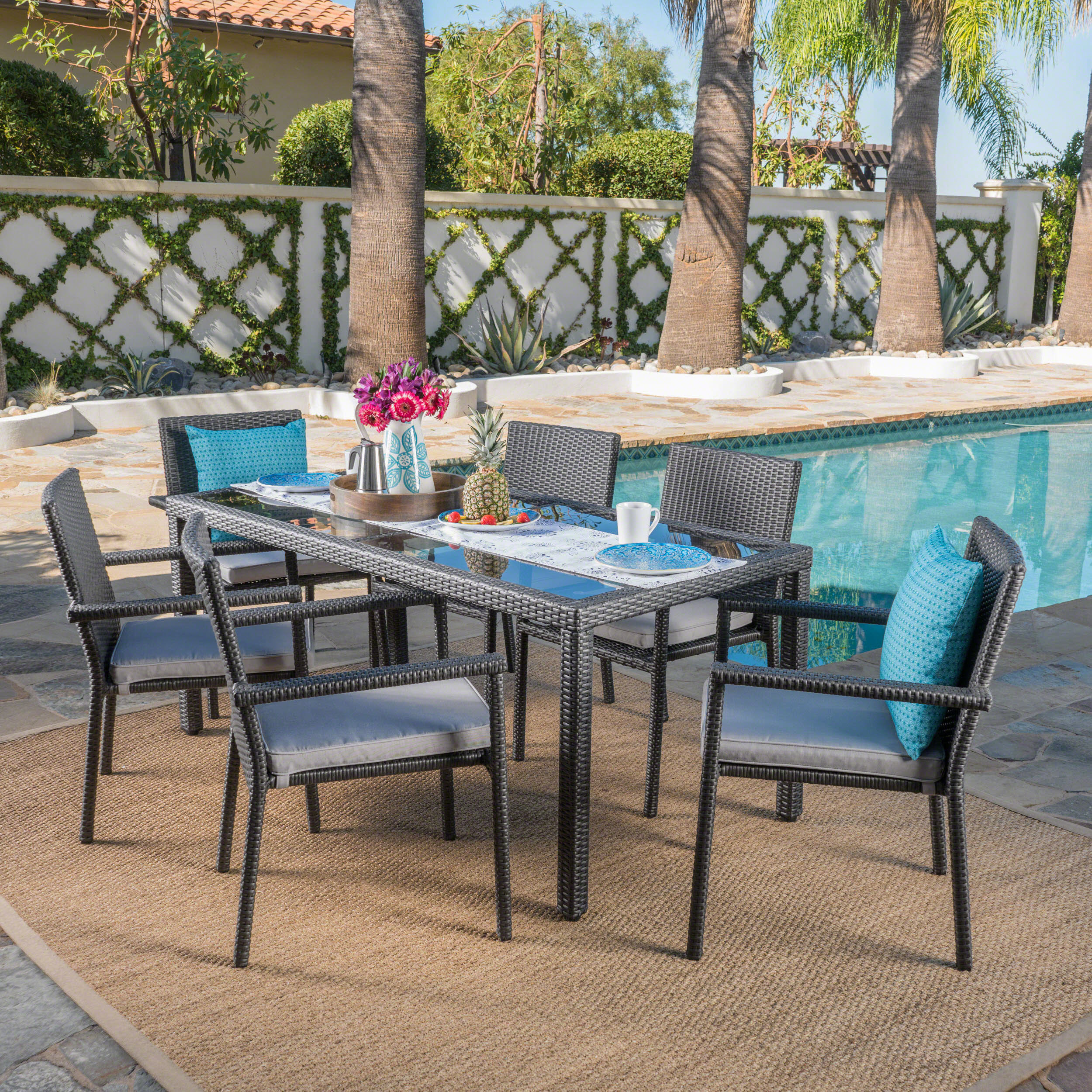 San Simeon Outdoor 7 Piece Wicker Dining Set with Water Resistant Cushions