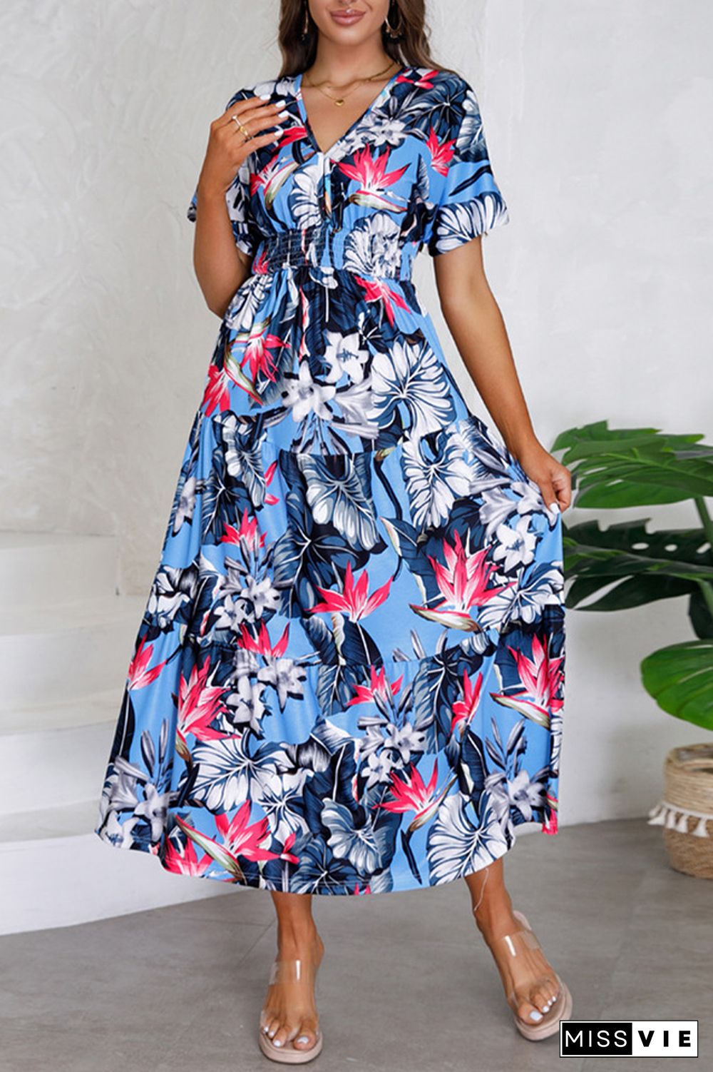 V Neck Short Sleeves Floral Print Dress