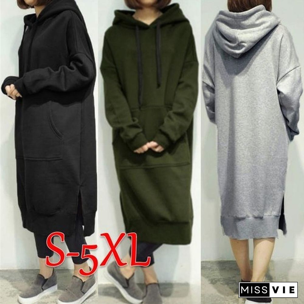 Women Autumn Winter Casual Long Hooded Pullovers Loose Fleece Long Oversized Hoodie Dress S-5XL