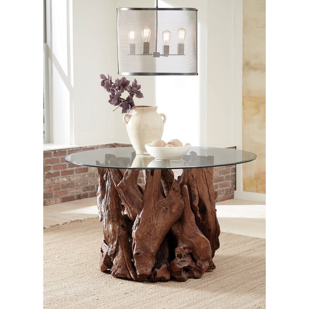 Coaster Furniture Asbury Round Glass Top Dining Table Clear and Natural Teak   60.00'' x 60.00'' x 30.25''