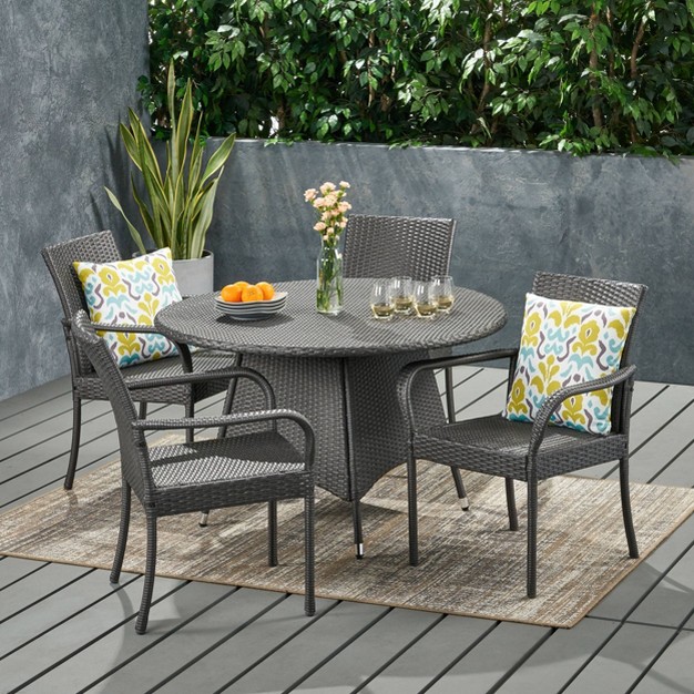 Pala 5pc Wicker Outdoor Dining Set Gray Christopher Knight Home Weather resistant Iron Frame Umbrella Hole