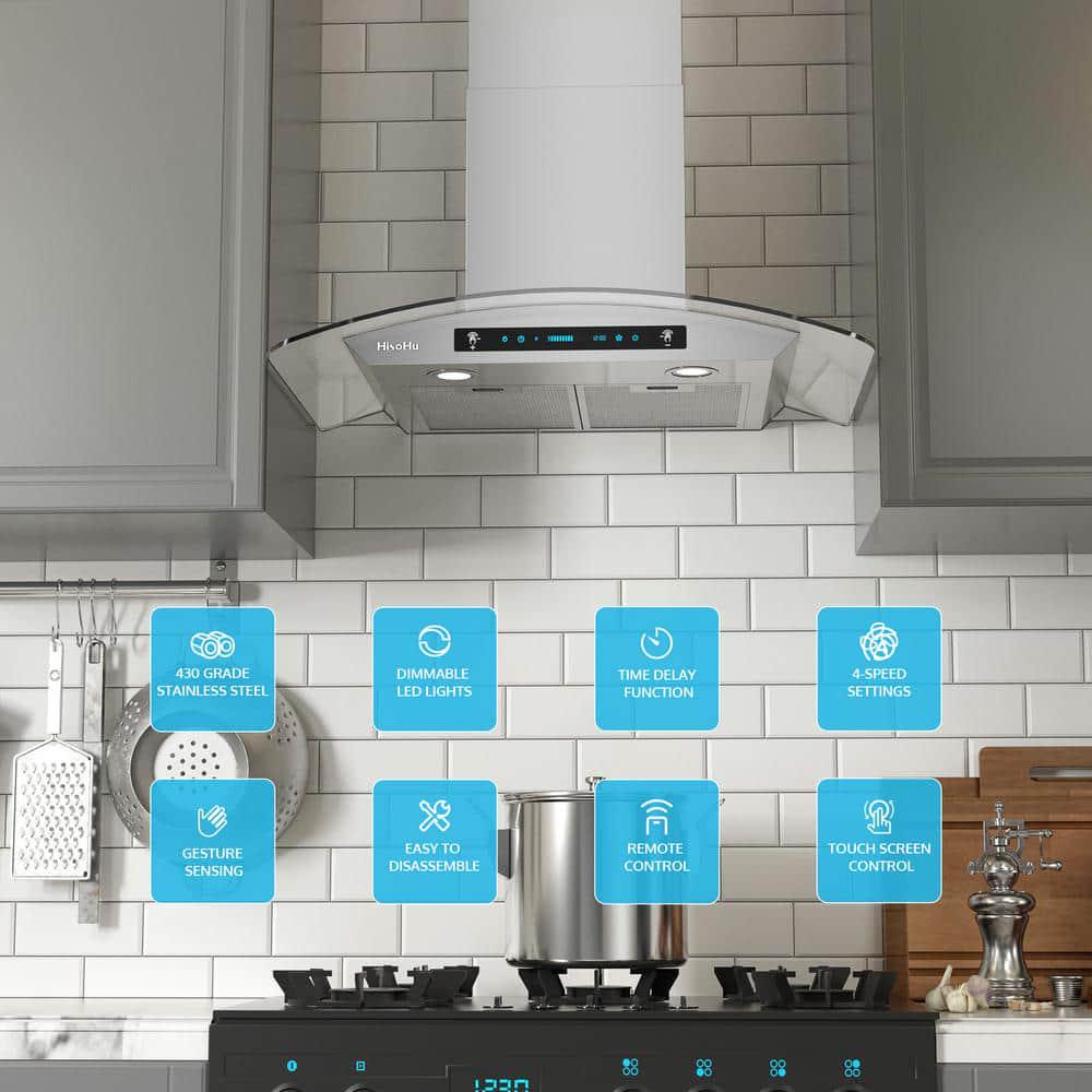 HisoHu 2952 in 780 CFM Ducted Wall Mount Range Hood in Stainless Steel and Glass With Gesture Sensing Control Function