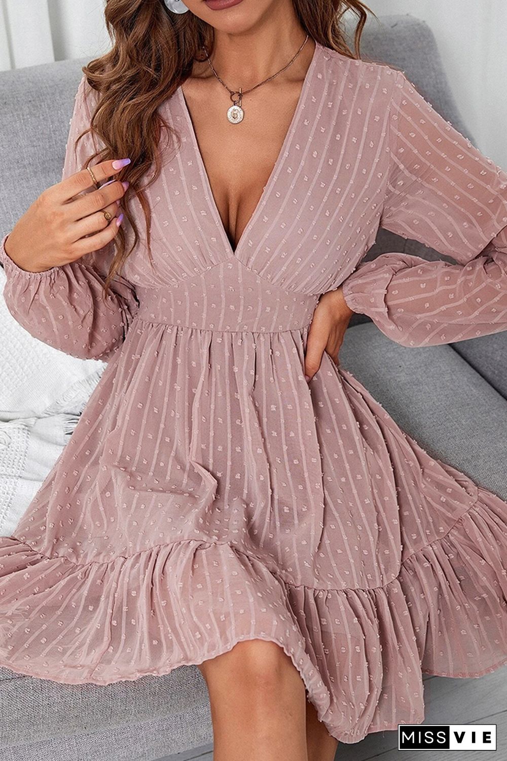 V Neck Lace Mesh Ruffle Smocked Dress