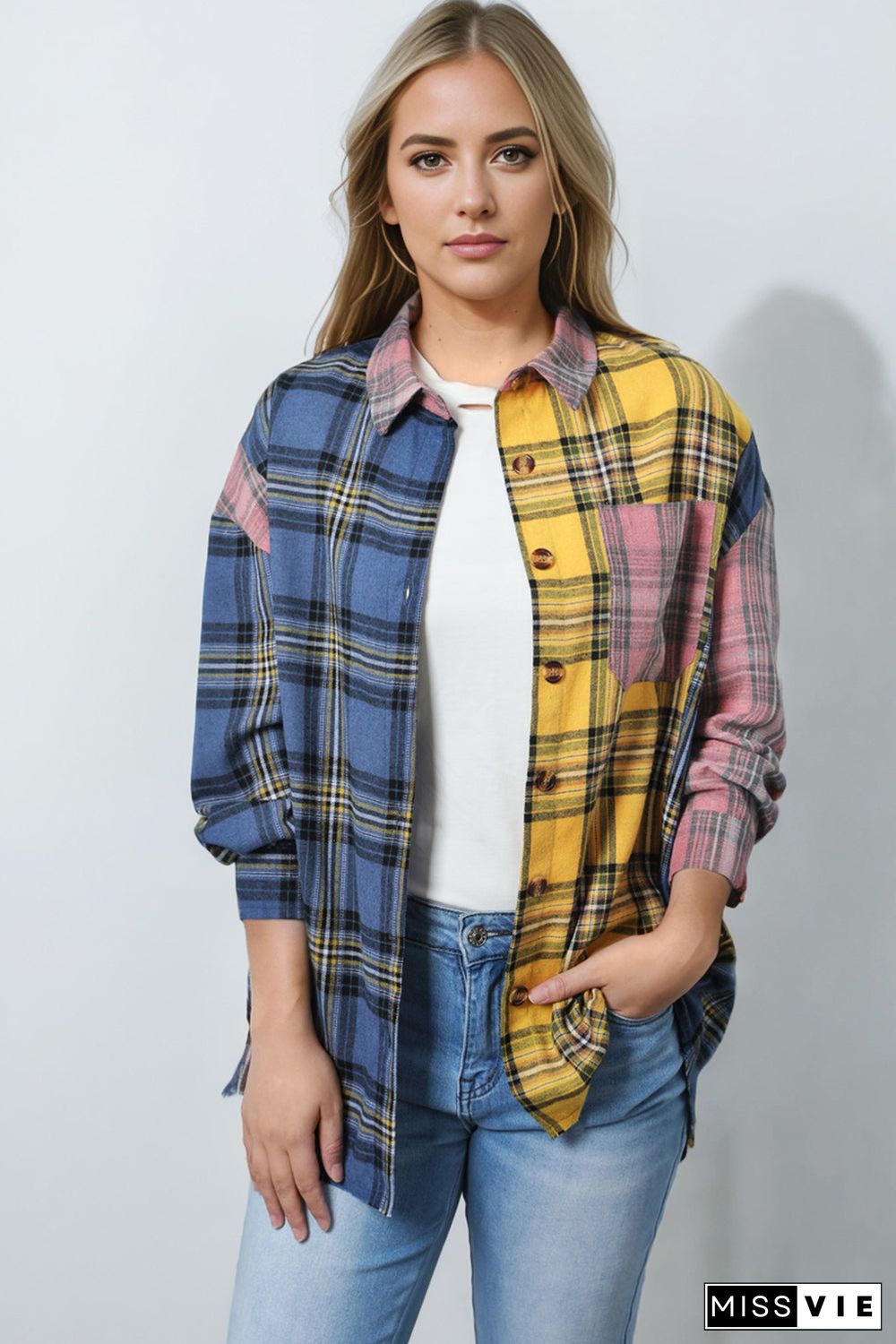 Multicolor Plaid Colorblock Patchwork Shirt