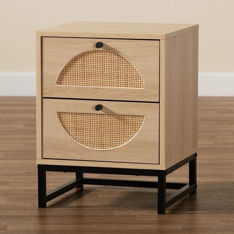 Modern Minimalism Rattan Nightstand  Wood Bedside Table with Two Drawers  Boho End Table  Side Table for Living Room  Bedroom