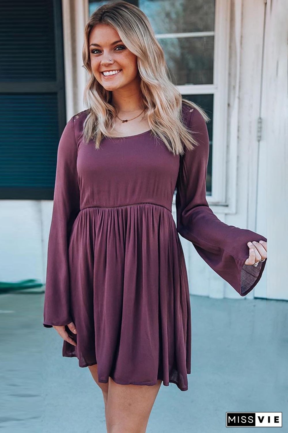 Purple Buttoned Sheer Lace Back Long Sleeve Dress