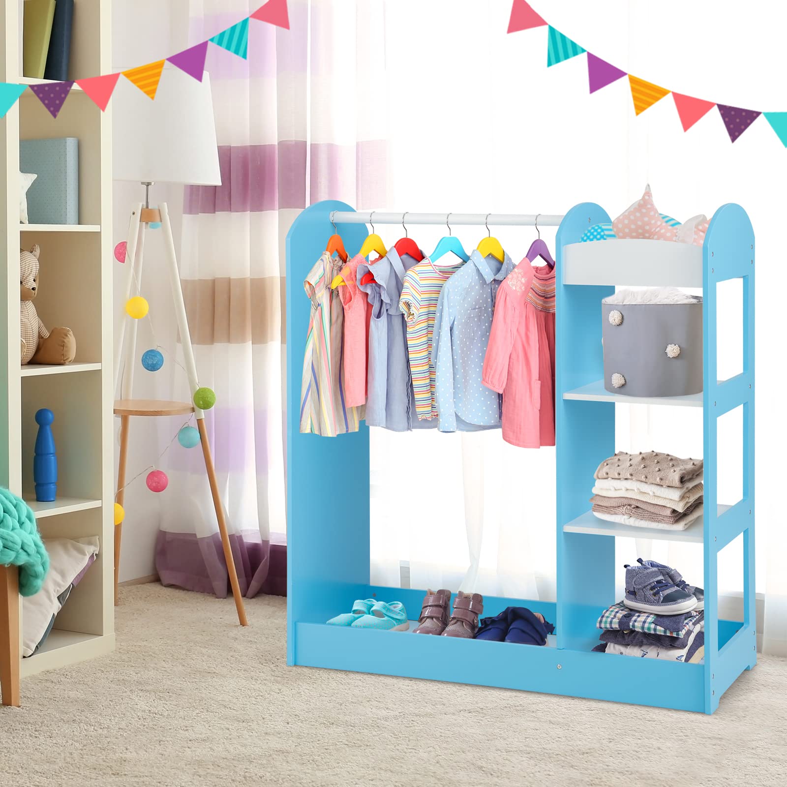 Costzon Kids Dress up Storage with Mirror, Clothes Rack, 3-Tier Shelves