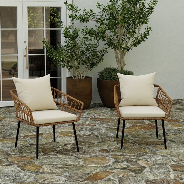 Merrick Lane Set Of Two Indoor outdoor Boho Style Open Weave Rattan Rope Patio Chairs With Cushions