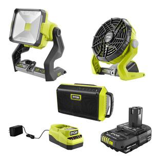 RYOBI ONE+ 18V Cordless 3-Tool Campers Combo Kit with Work Light Speaker Fan 1.5 Ah Battery and Charger PCL1304K1N