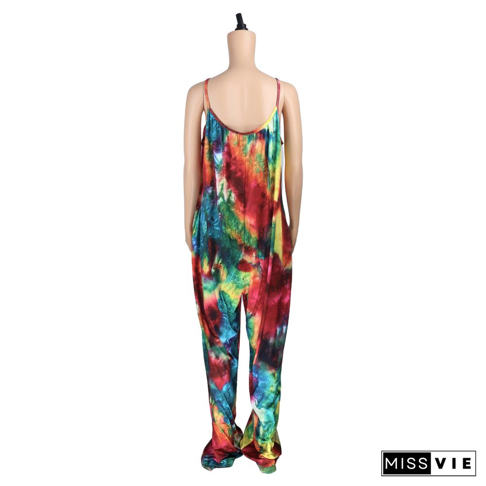 Tie-Dye Print Sling Loose Jumpsuit