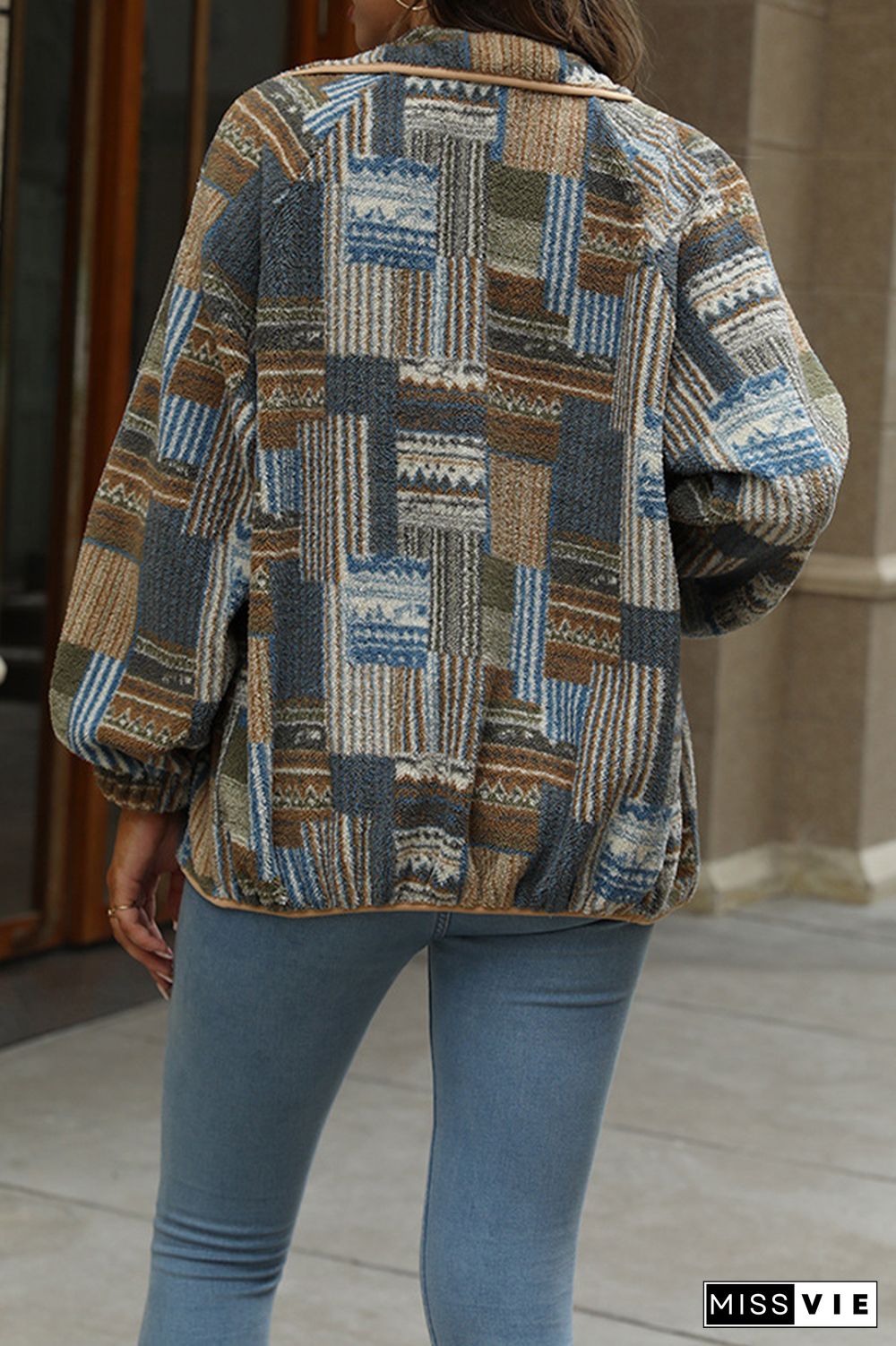 Aztec Print Open Button Fleece Jacket