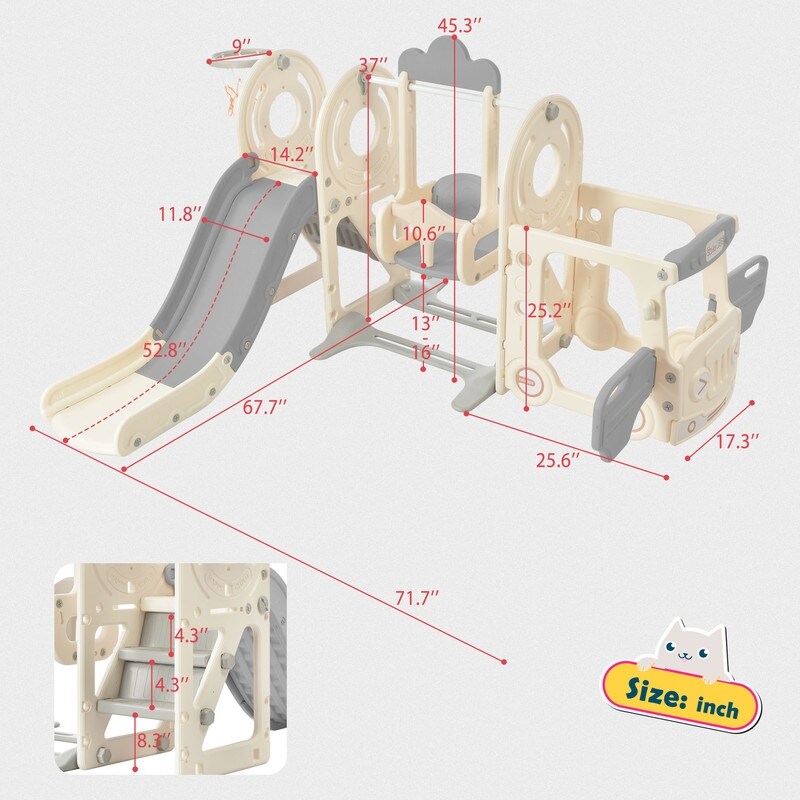 5 in 1 Freestanding Swing Slide Bus Structure Toy for Toddlers  with Basketball Hoop and Toy Storage Space for Outdoor