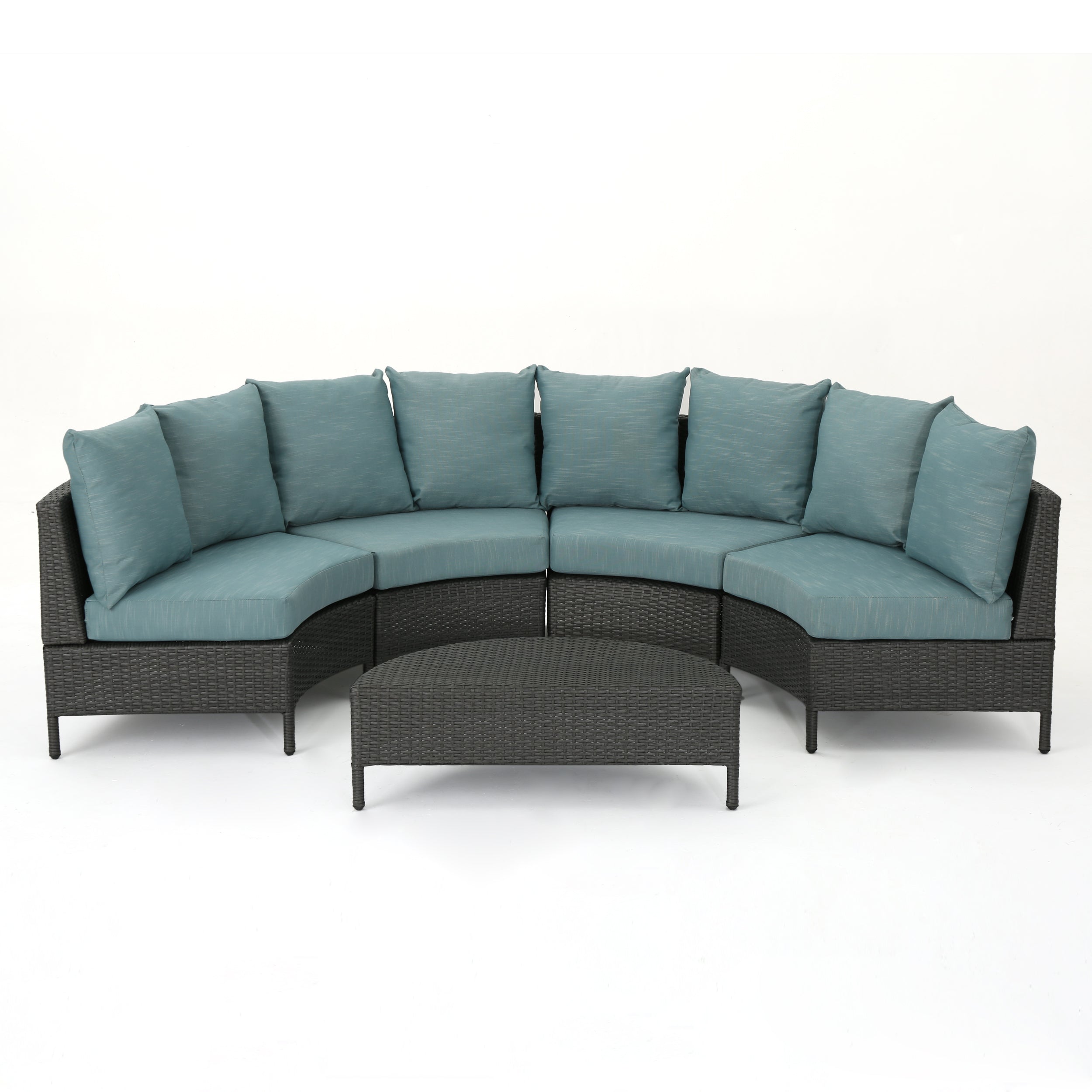 Venice Outdoor 5 Piece Gray Wicker Sectional Sofa Set with Teal Cushions