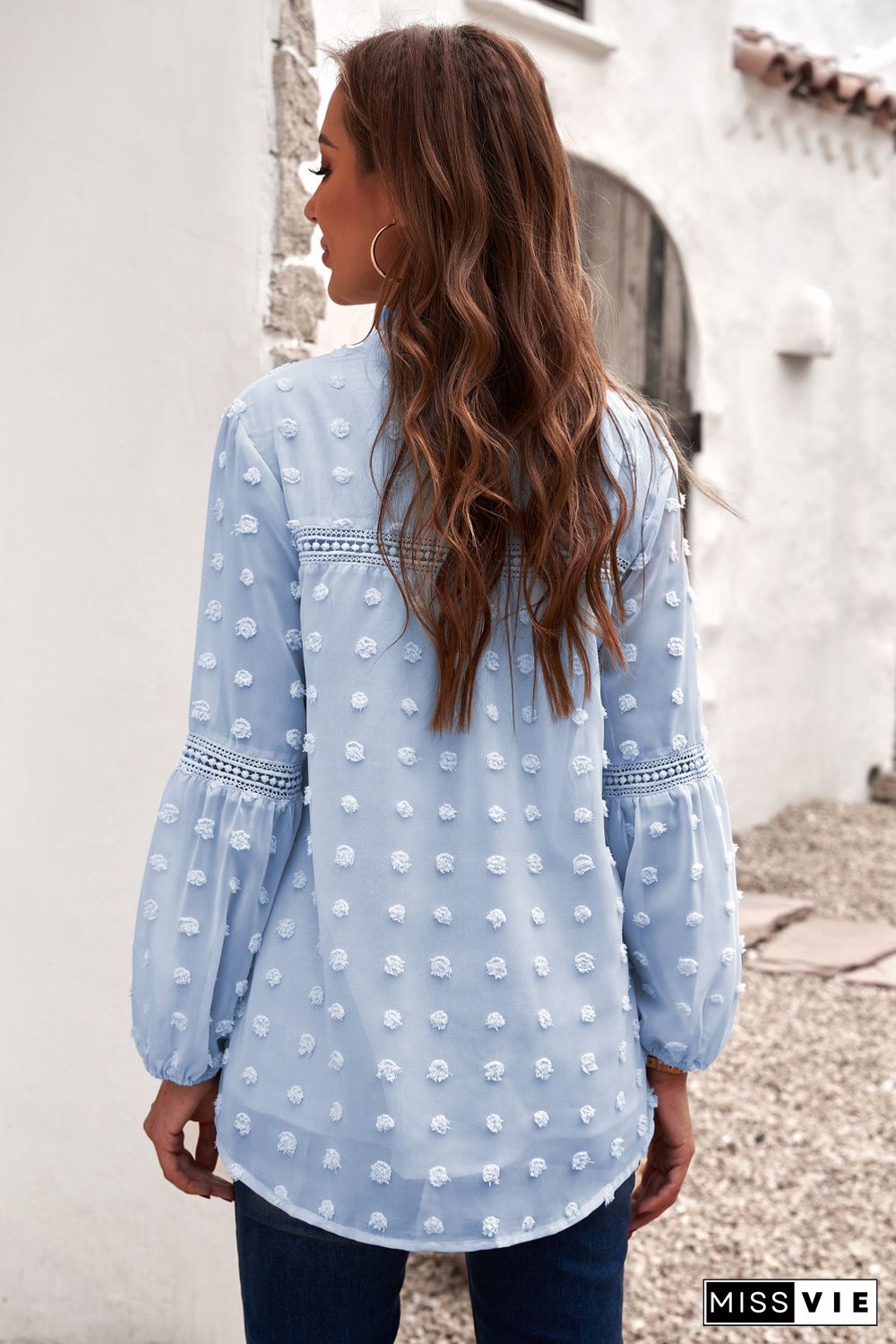 Blue Ruffled Split Neck Lace Hollow Out Puff Sleeve Polka Dot Blouse