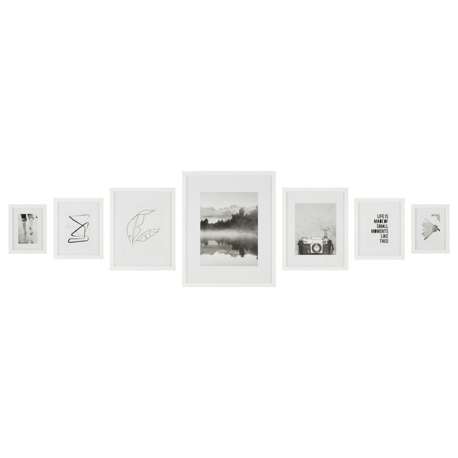 Instapoints 7 Piece Gallery Wall Picture Frame Set in Multiple Sizes with Decorative Art Prints and Hanging Template