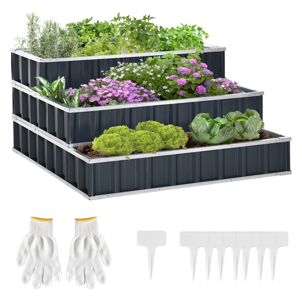 Outsunny 3 Tier Metal Raised Garden Bed  Elevated Outdoor Planter Box Kit for Vegetables  Herbs  and Flowers