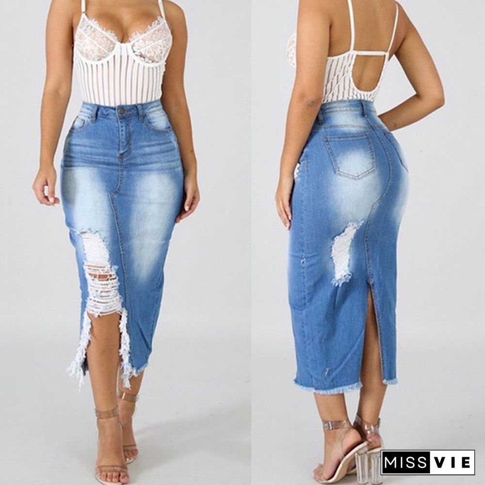 Women Fashion High Waist Ripped Denim Skirt Distressed Jeans Skirts Street Style Destroyed Bodycon Skirts