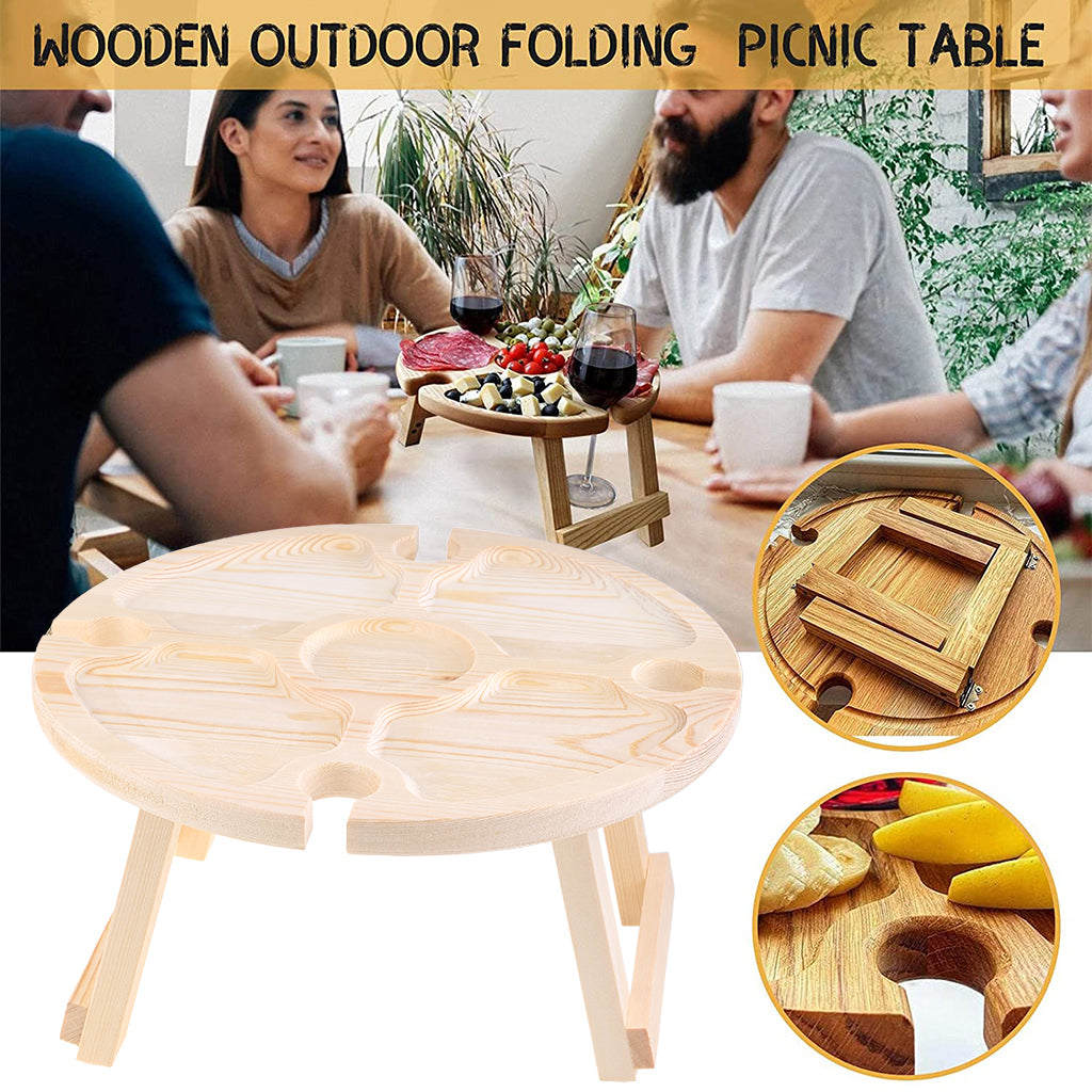 QUSENLON Portable Round Wooden Outdoor Folding Picnic Table Glass Holder Garden