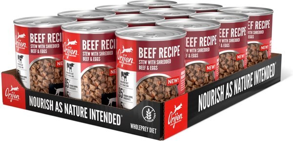 ORIJEN Real Meat Shreds Beef Recipe Stew Grain-Free Wet Dog Food， 12.8-oz can， case of 12