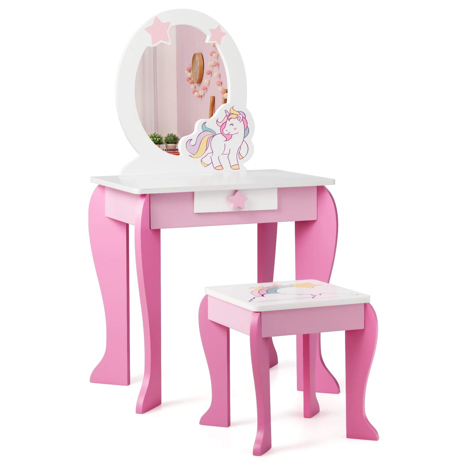 Costzon Kids Vanity Set with Mirror, 2 in 1 Wooden Princess Makeup Dressing Table with Detachable Top