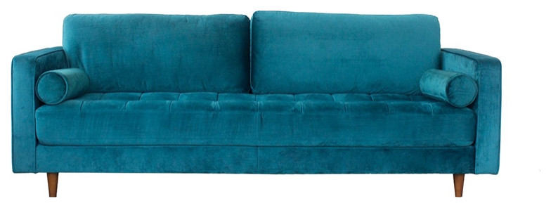 Pemberly Row Mid Century Velvet Cushion Back Sofa in Teal Turquoise   Midcentury   Sofas   by Homesquare  Houzz