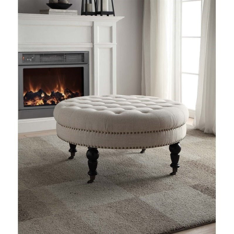 Linon Isabelle Round Wood Upholstered Ottoman in Natural Beige   Traditional   Footstools And Ottomans   by Homesquare  Houzz