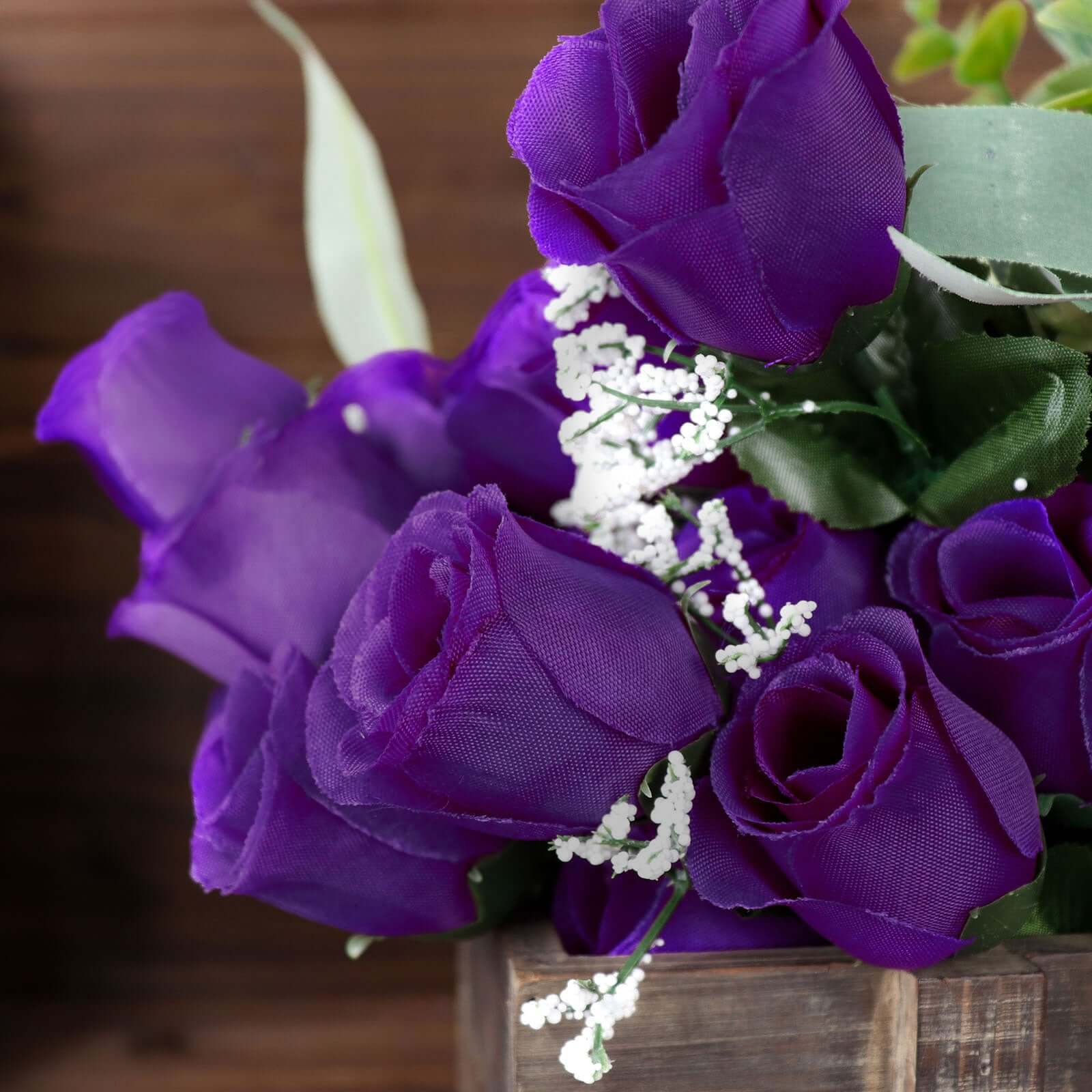 12 Bushes Purple Artificial Premium Silk Flower Rose Bud Bouquets