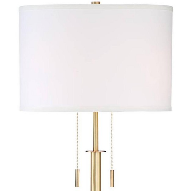 Tall Brass Gold Metal Off White Fabric Drum Shade For Living Room Bedroom Office Home