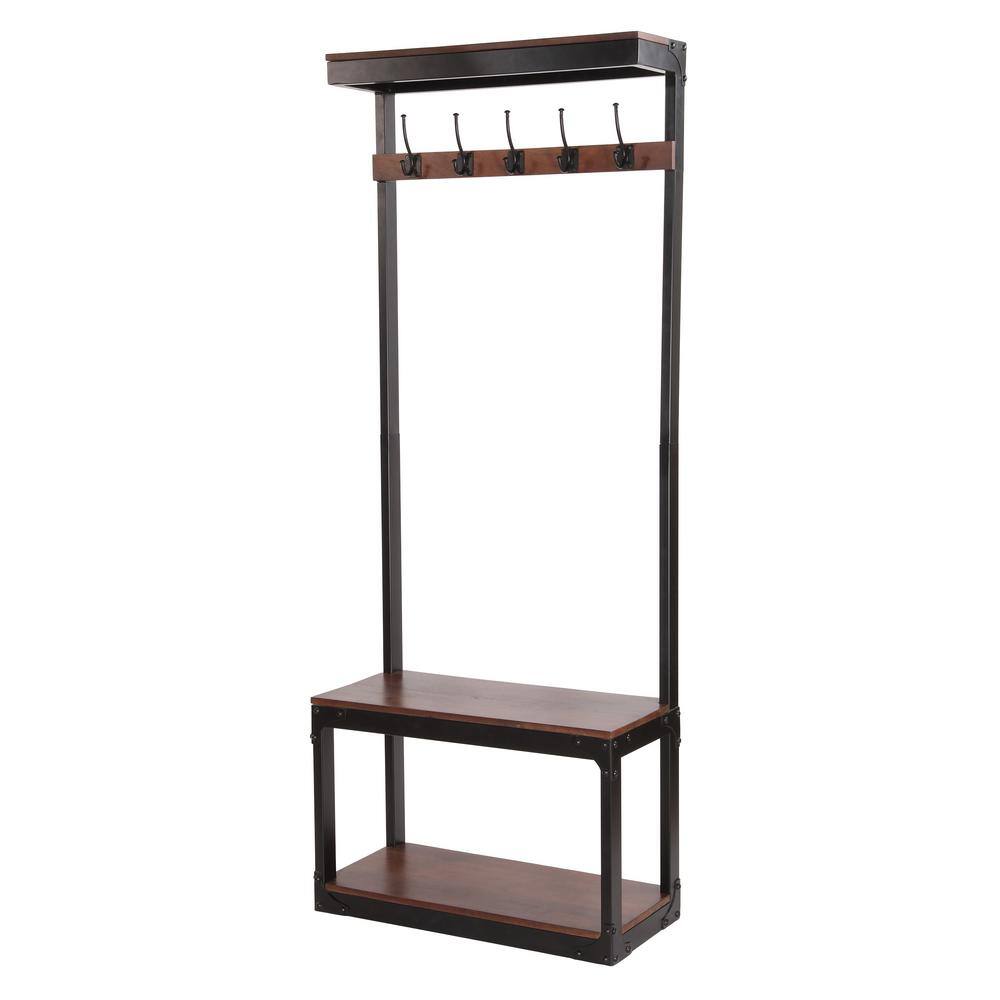 Noble House Varnell Cafe Brown and Black Wood and Metal Coat Rack with Bench 104947