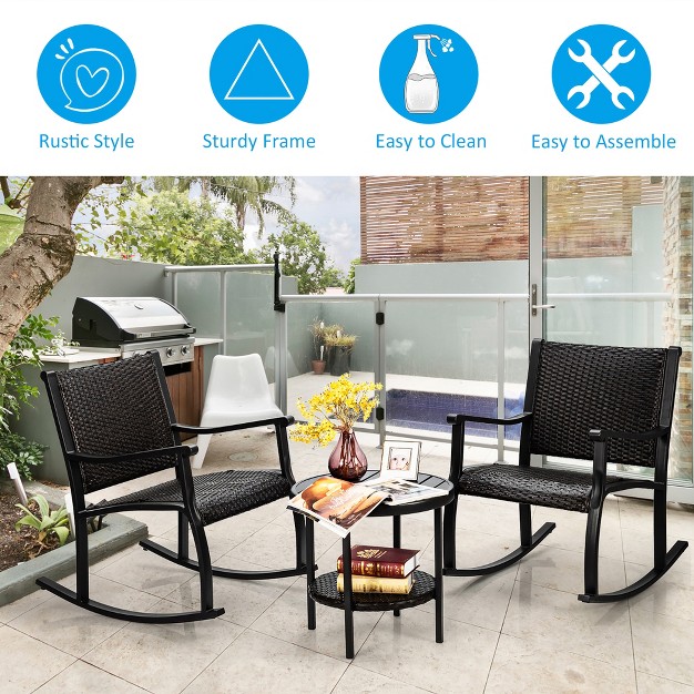 Costway 3pcs Patio Rattan Rocking Chair Bistro Set Coffee Table Storage Shelf