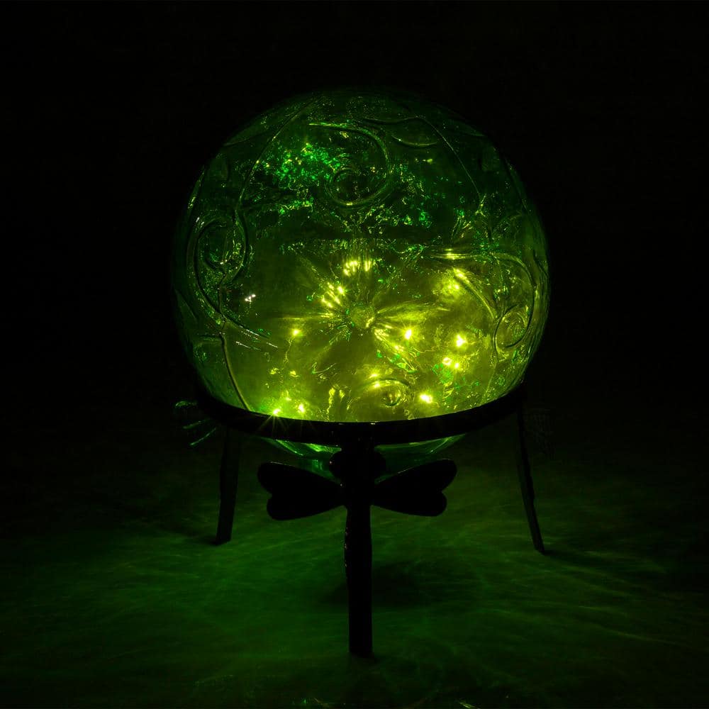 Alpine Corporation 13 in. Tall Indoor/Outdoor Pearlized Green Glass LED Gazing Globe with Stand HGY112A-GN