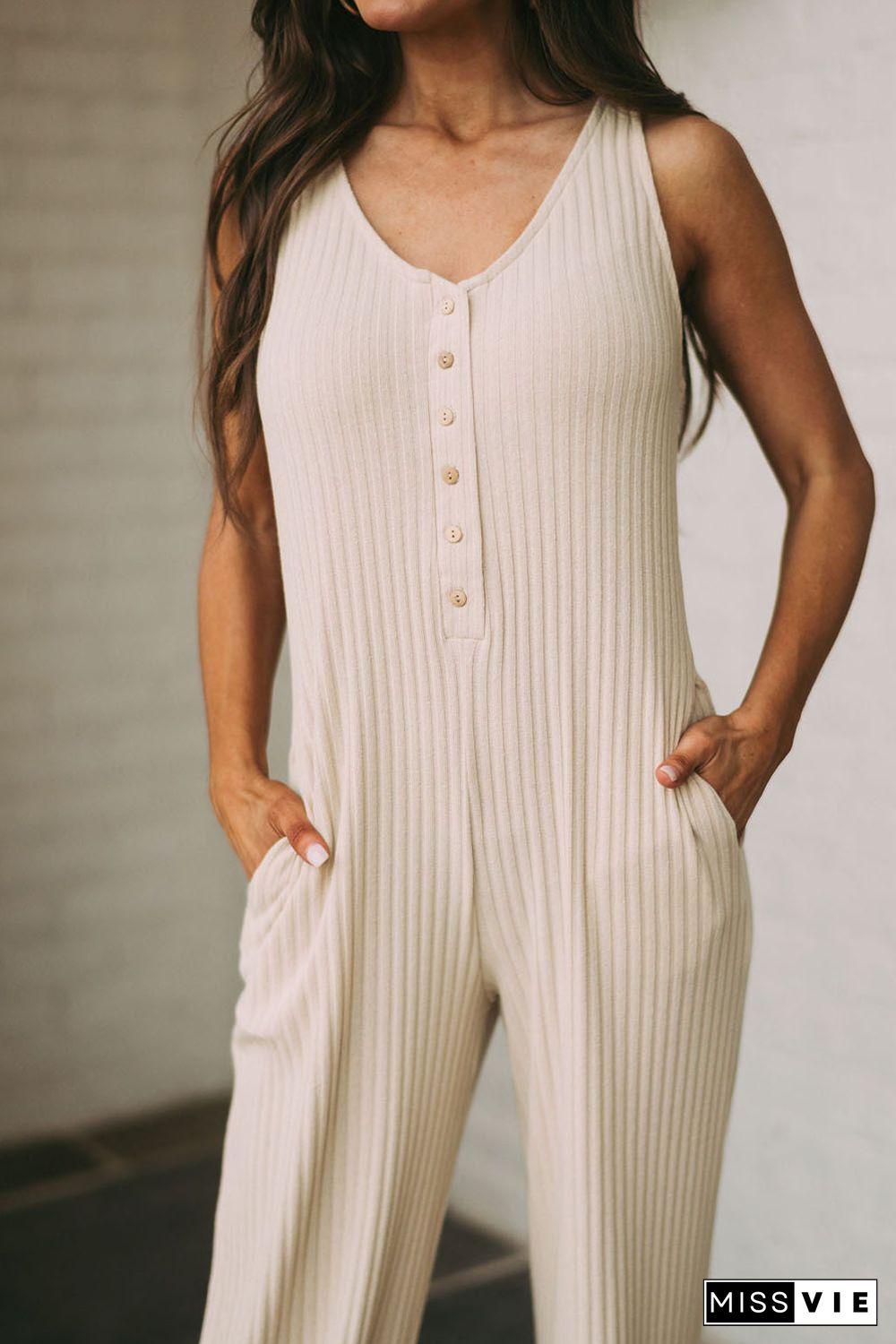 Apricot Sleeveless Buttoned Ribbed Wide Leg Jumpsuit with Pockets