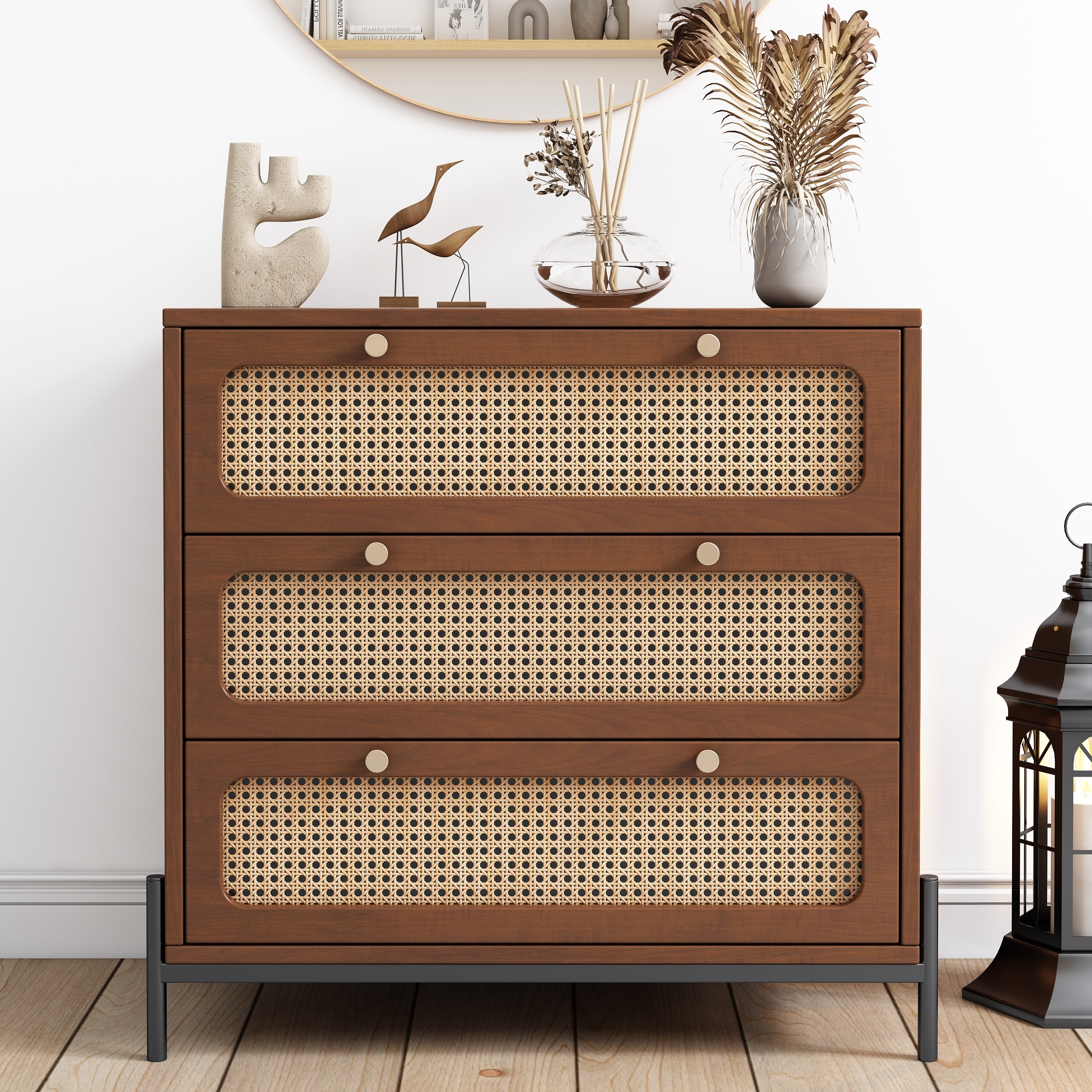 Modern Cannage Rattan Wood Closet 3-Drawer Chest Wood Storage Cabinet Sideboard - - 37970418