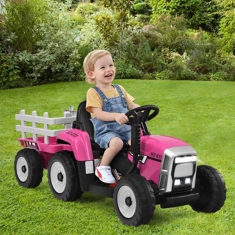 Kids Ride on Tractor w/Trailer 12V Battery Powered Electric Riding Toy Car Vehicle with 3-Gear-Shift Ground Loader