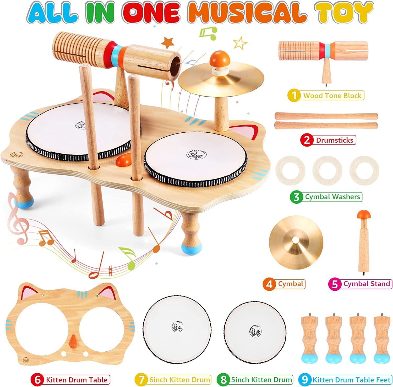 Sweet time Kids Drum Set， Baby Musical Instruments Toys for Toddlers， 6 in 1 Wooden Percussion Instruments Toddler Drum Set Sensory Toys Montessori Toys Birthday Gifts for Boys and Girls