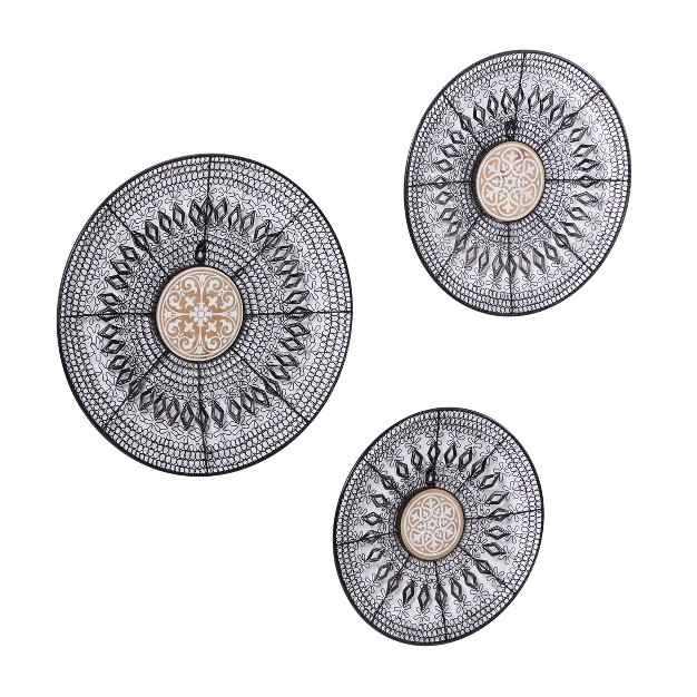 Set Of 3 Metal Plate Wall Decors With Intricate Pattern Black Olivia amp May