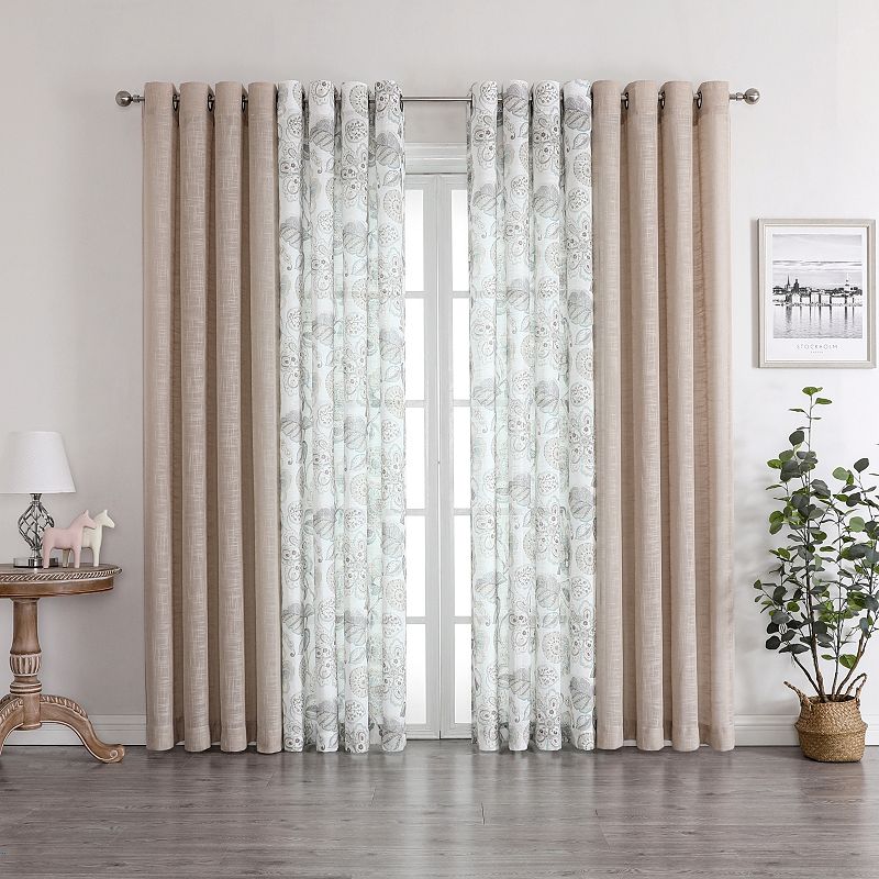 Kate Aurora Biscayne Bay Floral 4 Piece Coordinating Deluxe Flax Styled Sheer Grommet Top Curtains