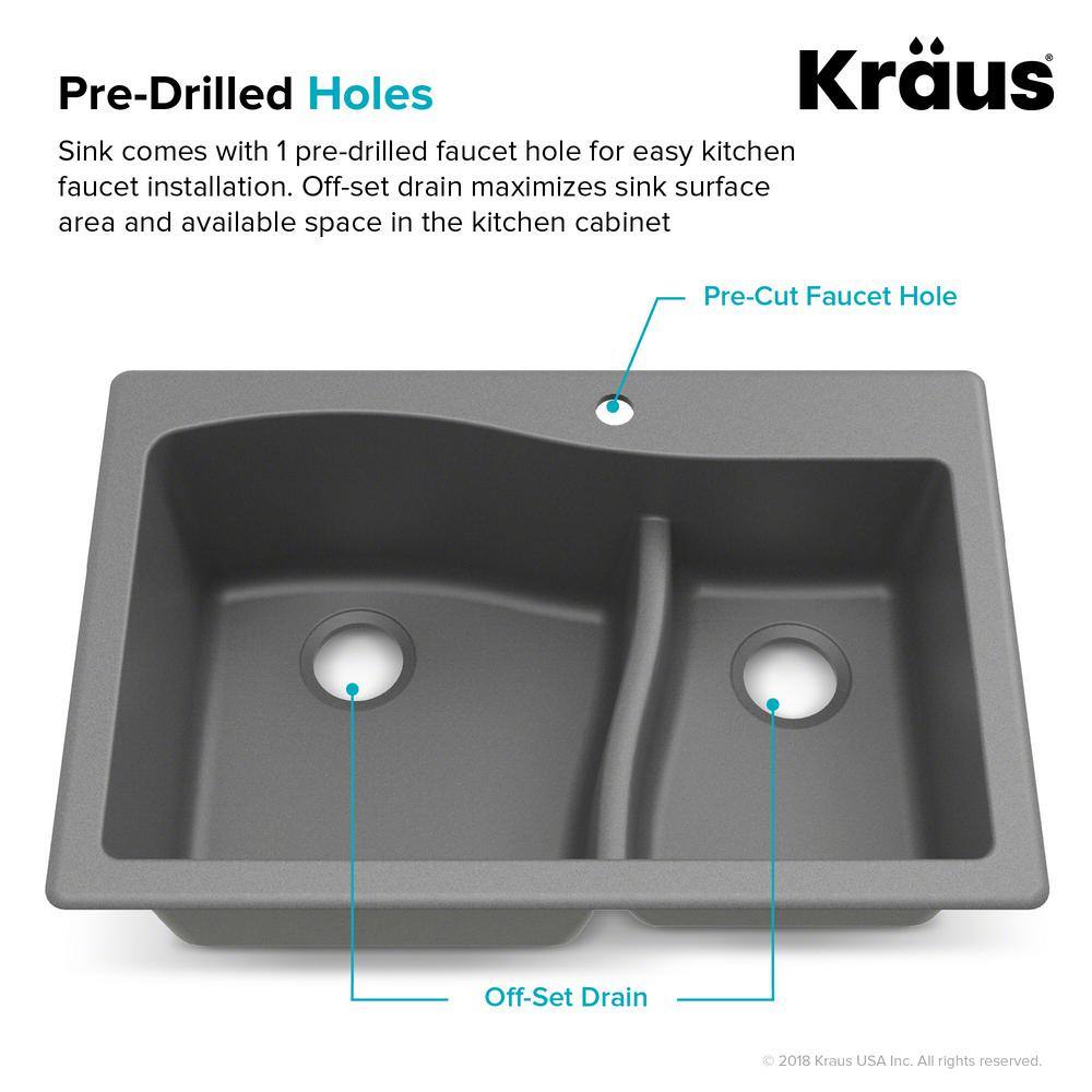 KRAUS Quarza Drop-inUndermount Granite Composite 33 in. 1-Hole 6040 Double Bowl Kitchen Sink in Grey KGD-442GREY