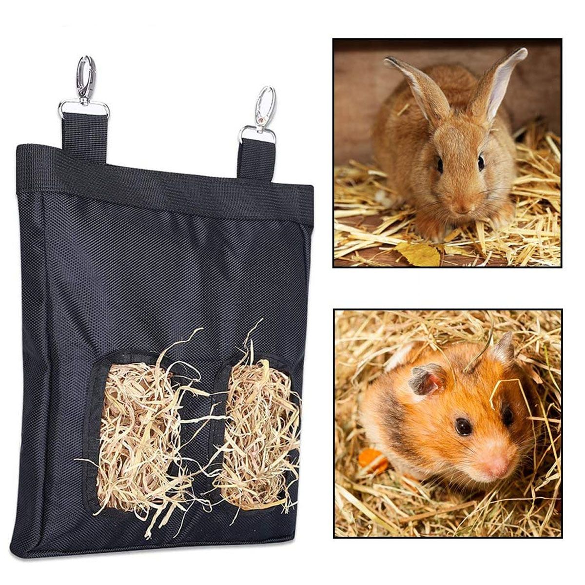 Deago 2 Pcs Guinea Pig Hay Feeder， Hanging Rabbit Hay Feeder Bag for Guinea Pigs Bunnies Chinchillas Hamsters Small Animals Hay Storage (Black)