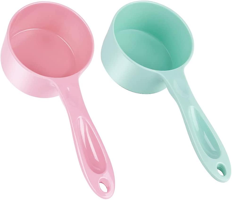 Sturdy Melamine Food Scoop For Dogs Cats Birds， Measuring Cup， Long Comfortable Handle， Half Cup，pack Of 2 Pink Green 0.5 Cup