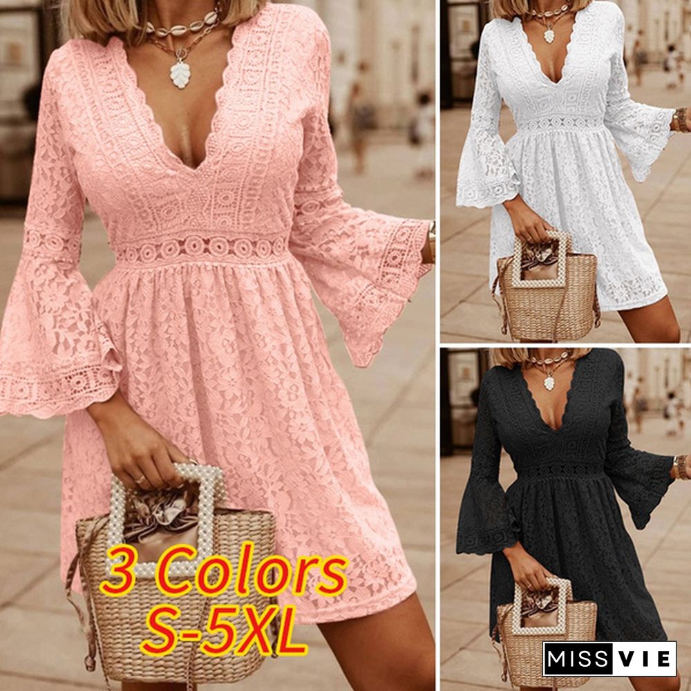 Women Crochet Lace Mini Dress Flare Long Sleeve V Neck Party Elegant Casual Pleated Short Dress Plus Size