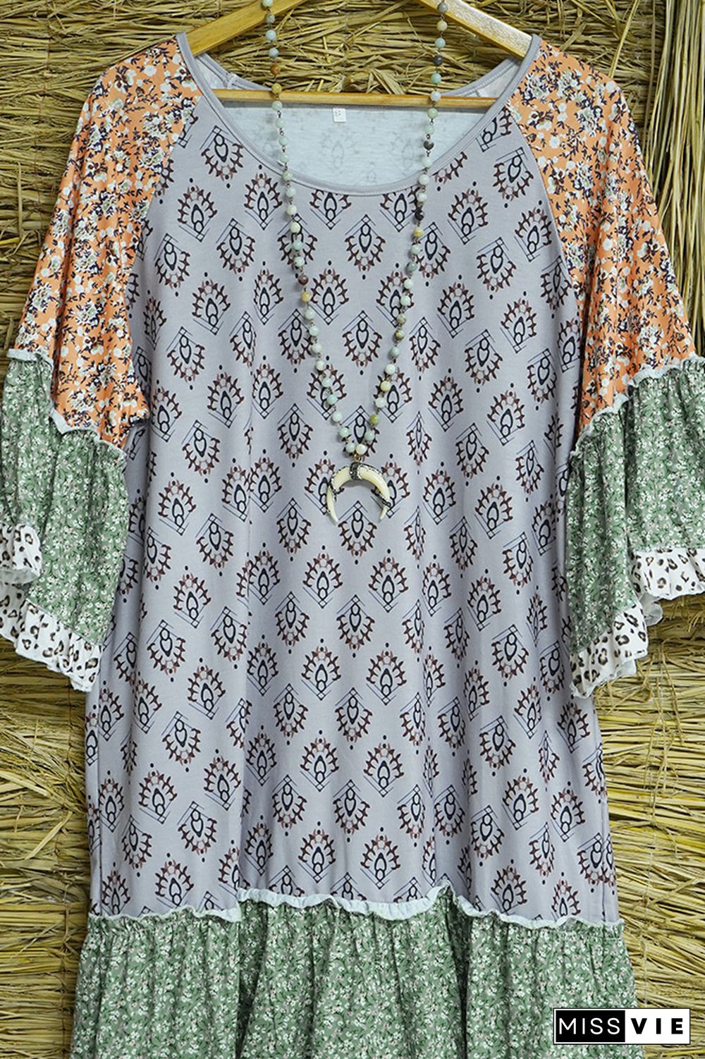 Floral Splicing Lace Boho Print T-Shirt Dress