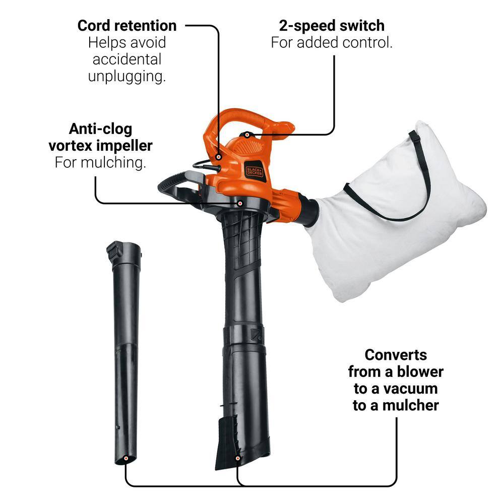 BLACK+DECKER 12 AMP 230 MPH 385 CFM Corded Electric 3-In-1 Handheld Leaf Blower Vacuum  Mulcher with Tool Free Switchover BV3600