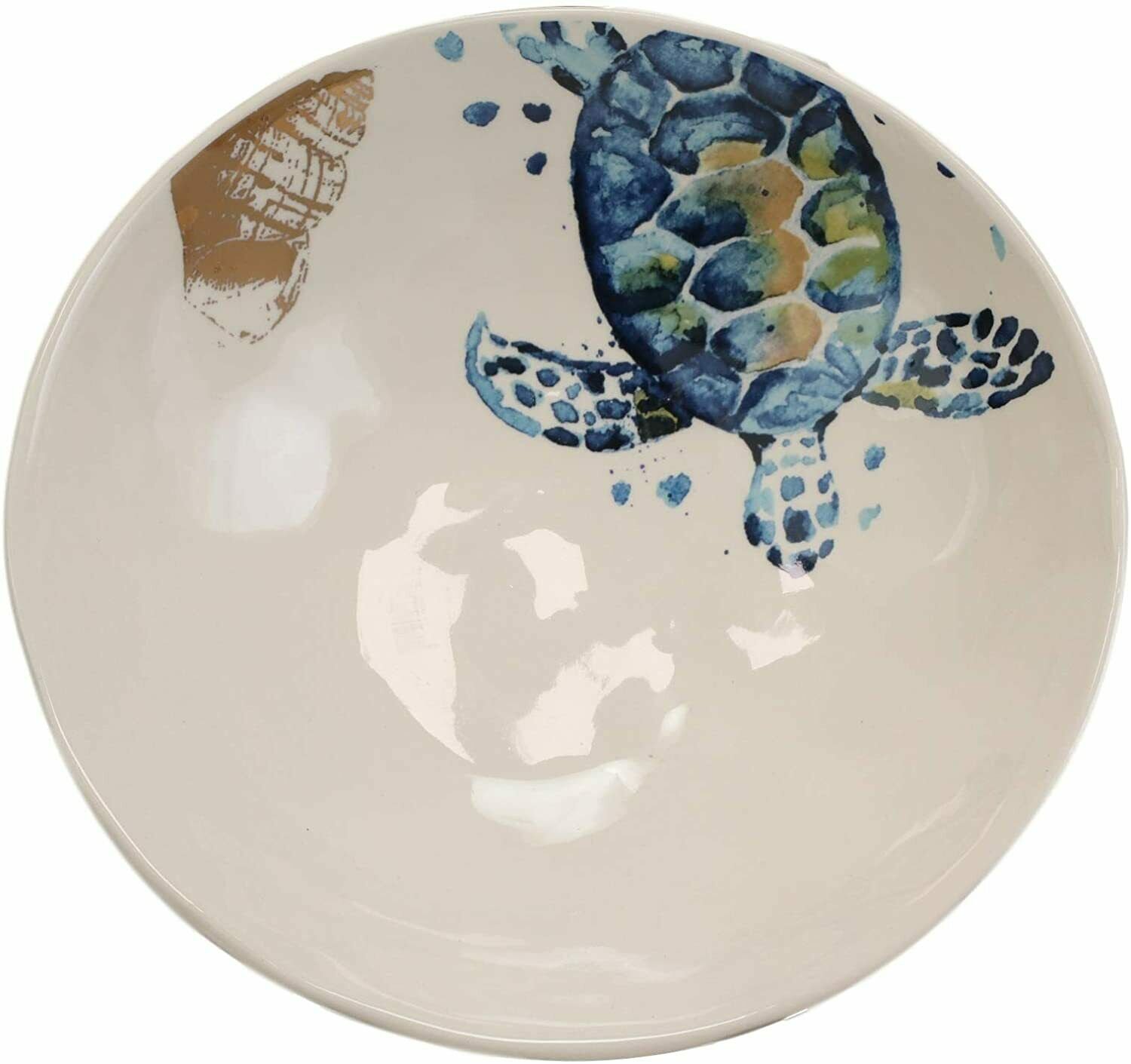 1 Marine Blue Sea Turtle and Conch Shell Ceramic Soup Pasta Salad Rice Slanted Bowl EBR02