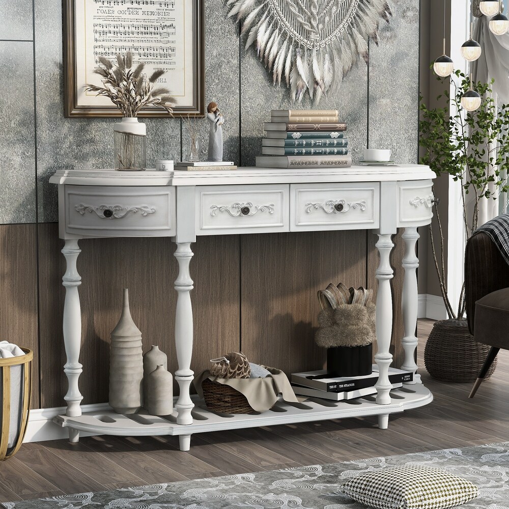 Wood Console Table Accent Sofa Table w/ Storage Shlef  Antique White