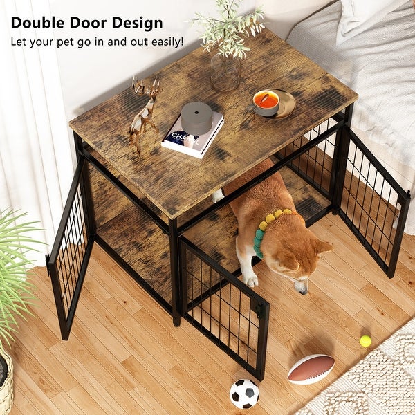 Grondin Rustic Industrial Style Wooden Dog Crate Dog Kennel with Three Lockable Doors， Indoor Pet Furniture Dog House End Table