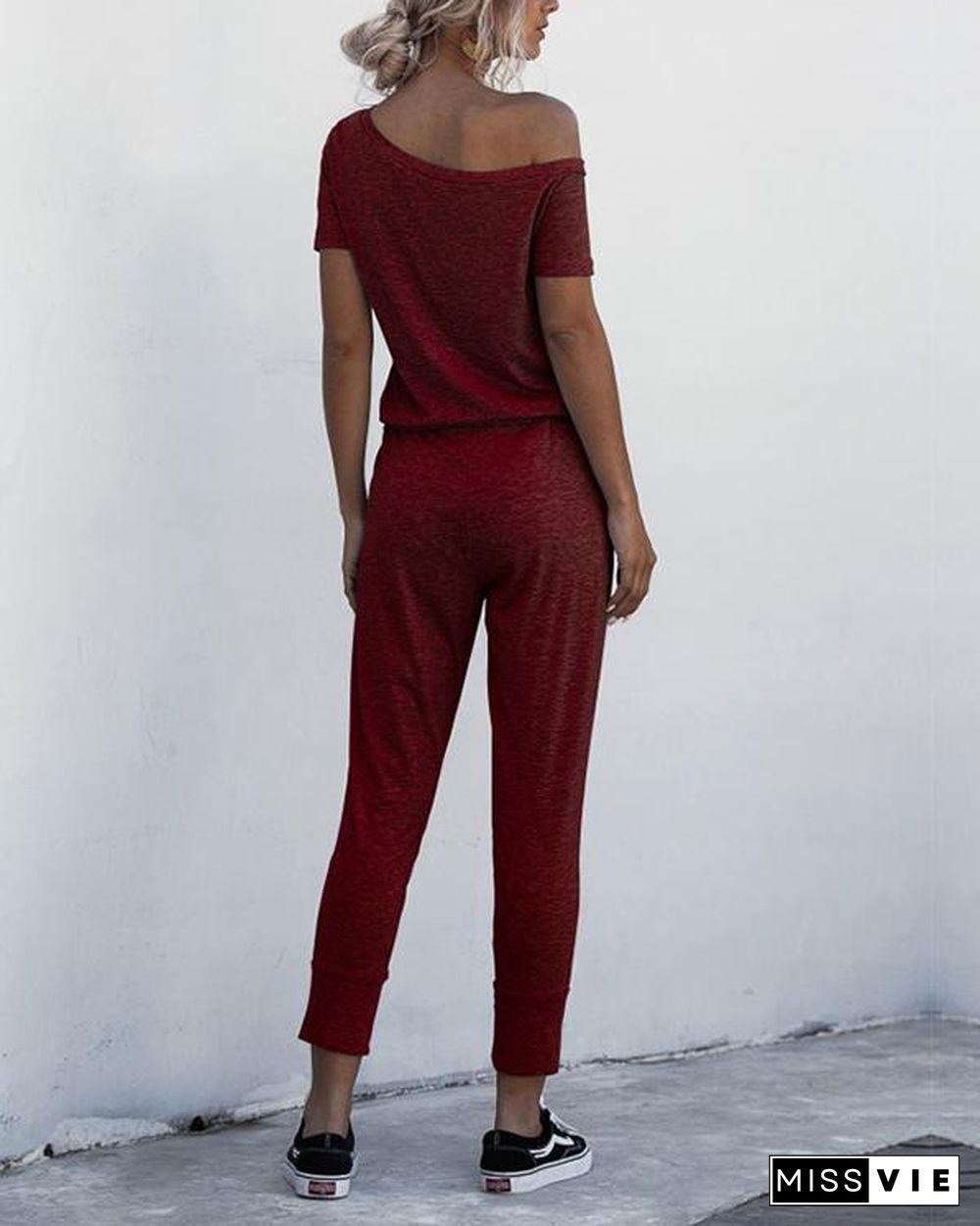 Asymmetric Neck Drawstring Waist Jumpsuit