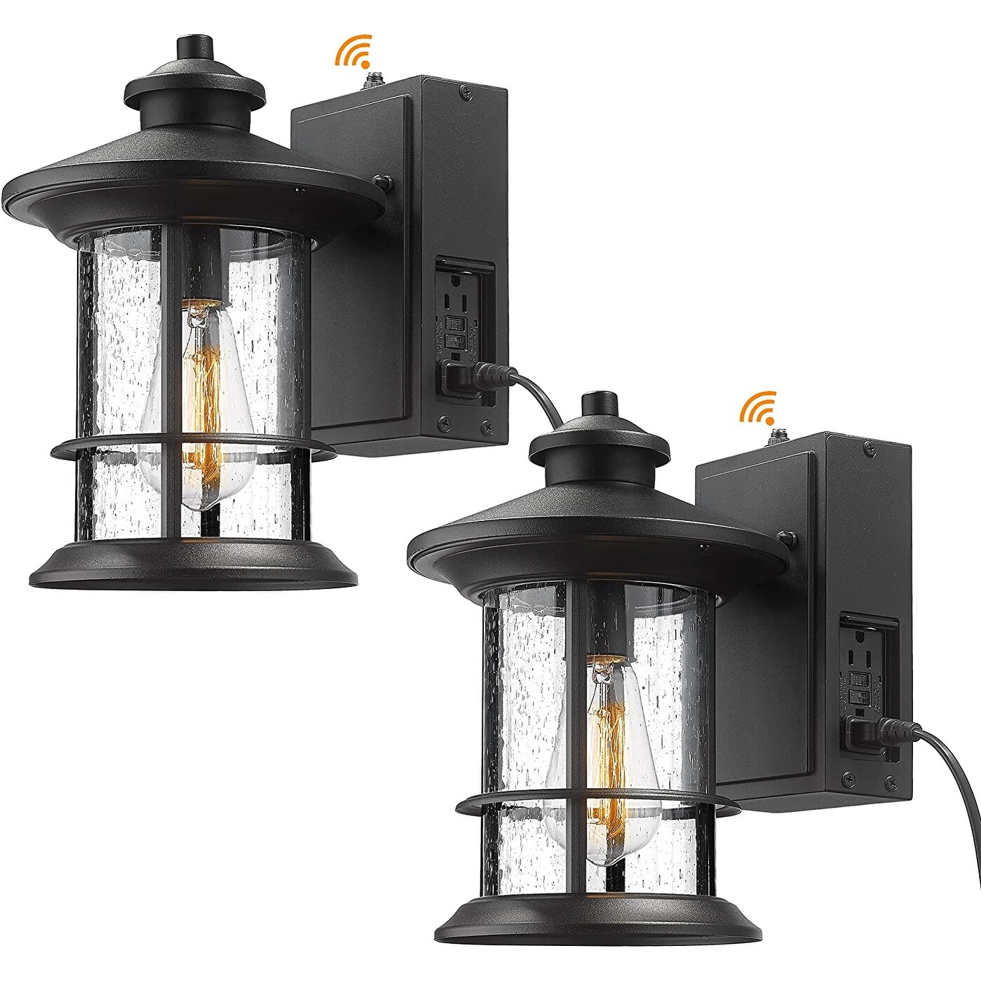 Porch Light with Built-in GFCI Outlet， Dusk to Dawn Outdoor Lighting Photocell Sensor， Aluminum with Seeded Glass， Black Finish Shopping - The Best Deals on Outdoor Wall Lanterns | 40909015