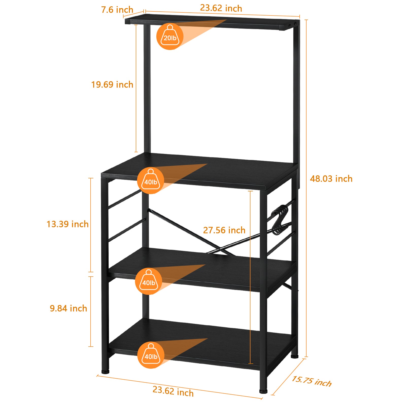 Cheflaud Kitchen Baker's Rack Storage Shelf Microwave Cart Oven Stand Coffee Bar with Side Hooks 4 Tier Shelves(Black)