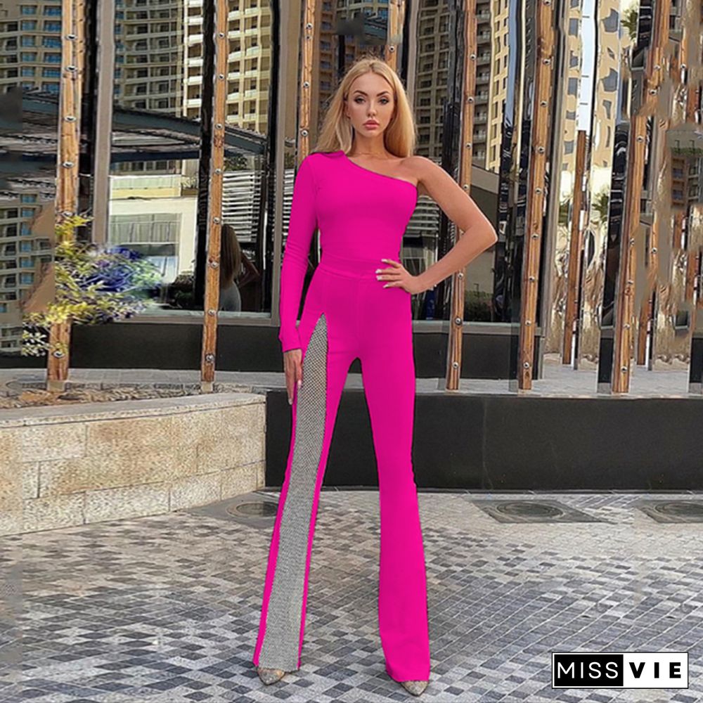 High Quality Women's One Shoulder Long Sleeve Black Bandage Jumpsuit Hollow Diamond Jumpsuit Celebrity Fashion Party Jumpsuit